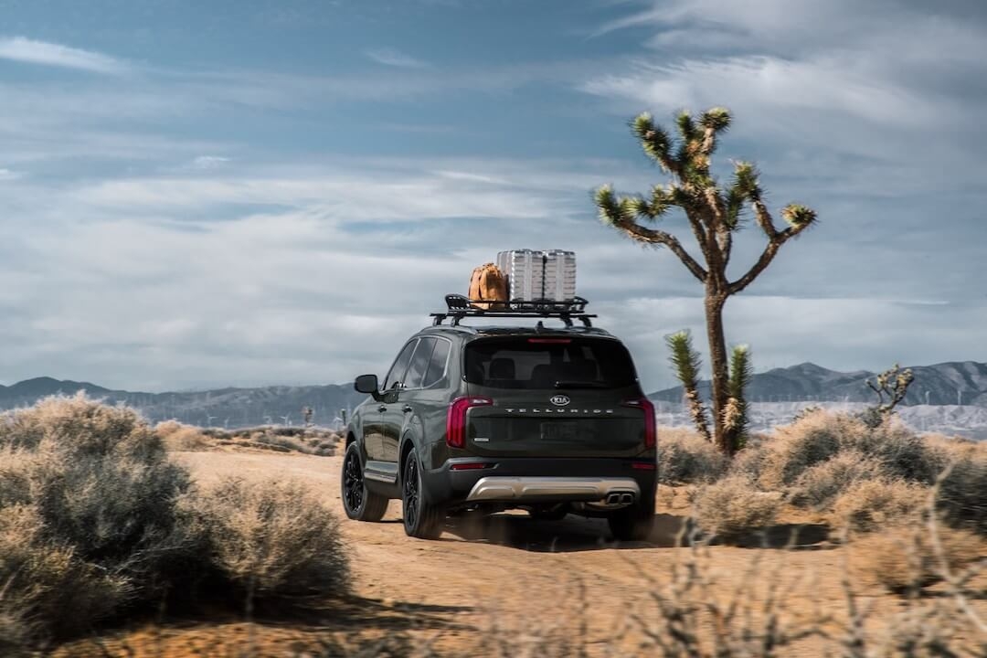 Vue arrière du Kia Telluride 2021 sur un sentier de sable