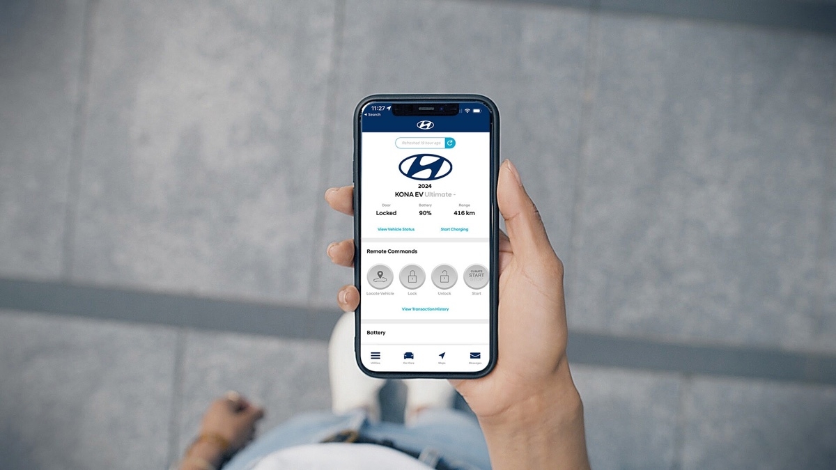 Capture d’écran du système Hyundai Bluelink affichant les options de connectivité via téléphone intelligent.